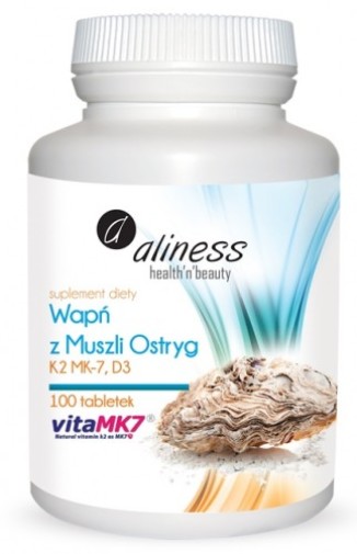 Wapń z muszli ostryg z witaminami K2 MK7 oraz D3 - 100 tabletek Aliness