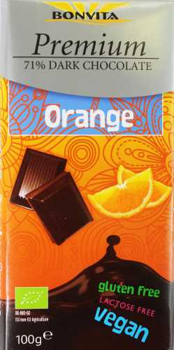 Czekolada premium gorzka 71% z kawałkami pomarańczy bez laktozy, bezglutenowa (na napoju ryżowym) BIO 100 g - Bonvita
