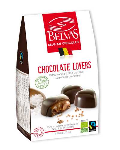 Belgijskie czekoladki serca z karmelem i solą morską bezglutenowe fair trade BIO 100 g - Belvas