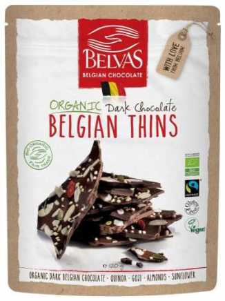 Kawałki czekolady gorzkiej z migdałami, quinoa, jagodami goji BIO 100g - Belvas