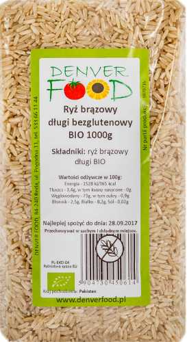 Ryż brązowy długi bezglutenowy BIO 1000g Denver Food