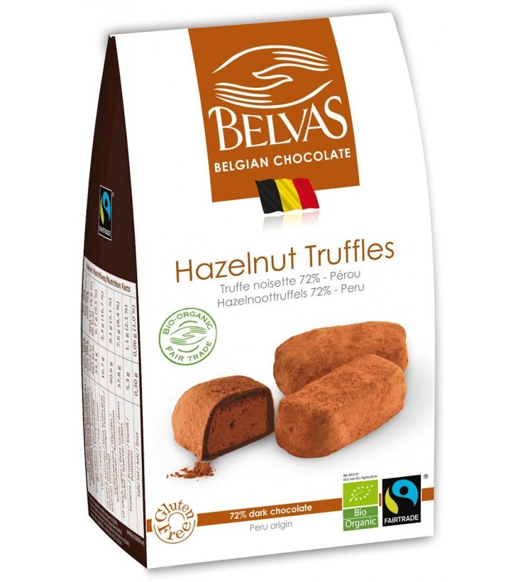 BELGIJSKIE CZEKOLADKI TRUFLE Z ORZECHAMI LASKOWYMI BEZGLUTENOWE FAIR TRADE BIO 100 g – BELVAS Zdrowe